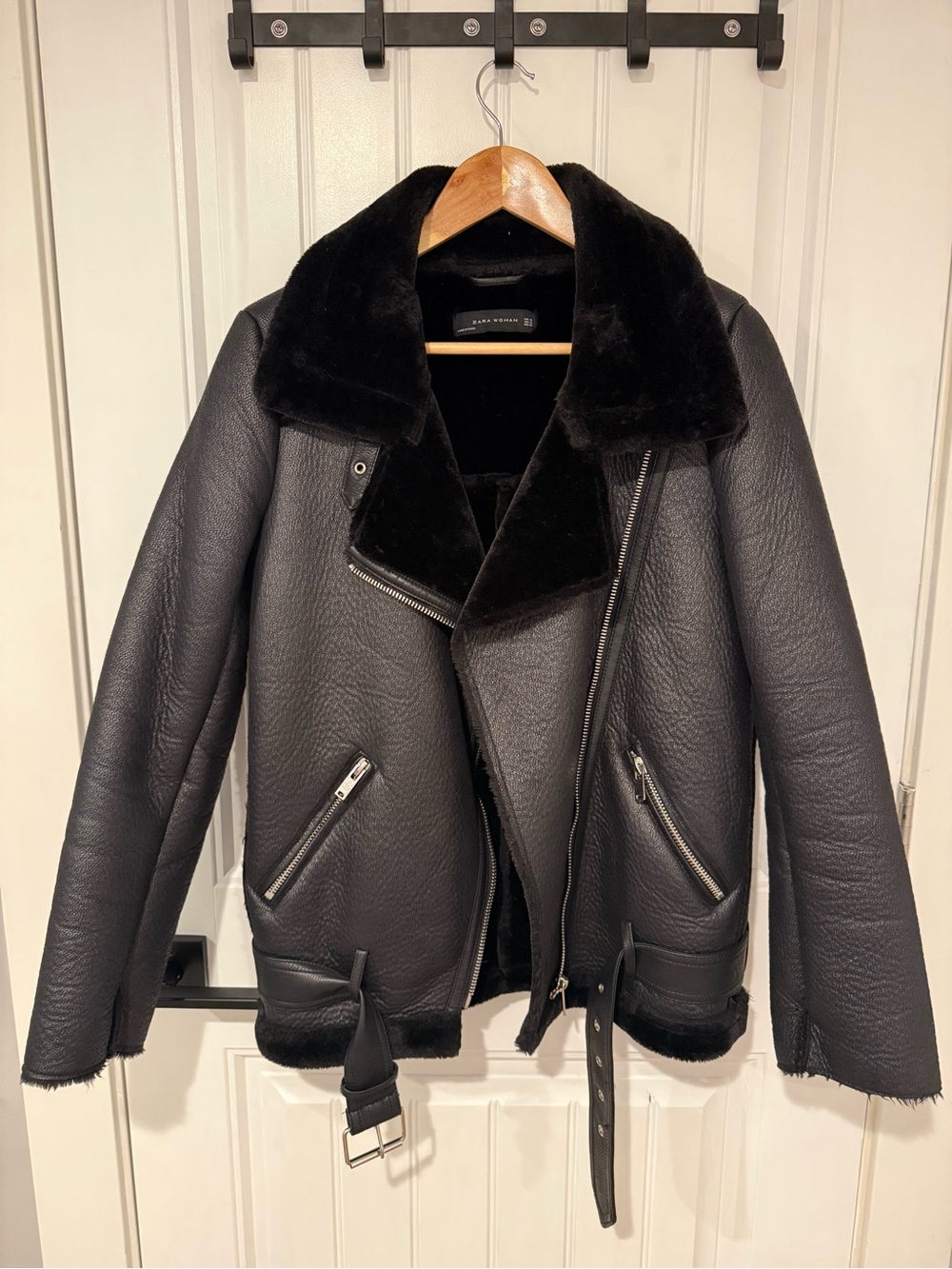 Zara Black Shearling-Trim Faux Leather Jacket
